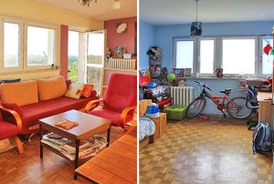 na zdjęciu salon oraz pokój dziecka w mieszkaniu na sprzedaż w Warszawie 