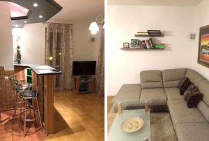 widok na salon oraz aneks kuchenny w mieszkaniu na sprzedaż w Warszawie