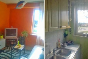na zdjęciu po lewej salon, po prawej kuchnia w mieszkaniu w Warszawie na sprzedaż