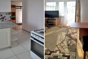na zdjęciu po lewej fragment kuchni i salonu (po prawej) w mieszkaniu na sprzedaż w Warszawie