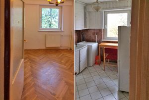 zdjęcie przedstawia salon oraz kuchnię w mieszkaniu na sprzedaż w Warszawie
