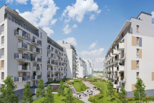 nowoczesne osiedle, na którym znajdziemy oferowane na sprzedaż mieszkanie Warszawa